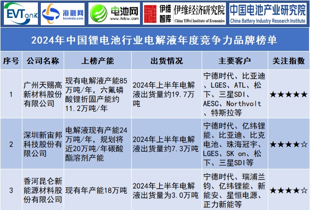 2024年中國鋰電池行業電解液年度競爭力品牌榜單