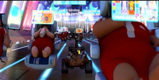 皮克斯動畫工作室拍攝的《機器人總動員》的劇照。在這部動畫片描繪的未來世界，人們因為過度依賴技術成為大胖子，失去了行走能力