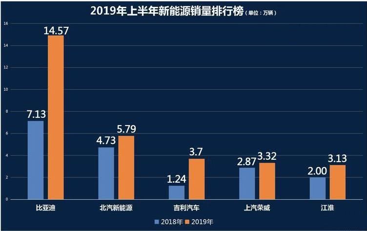 2019年上半年國內市場新能源汽車銷售排行，前5名都是自主品牌