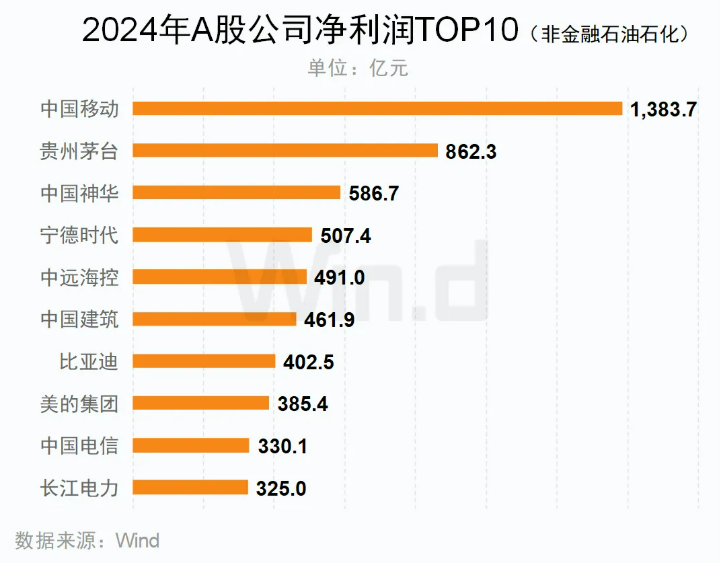 2024年A股歸母凈利潤TOP10(非金融石油石化)公司 2024年A股歸母凈利潤TOP10(非金融石油石化)公司
