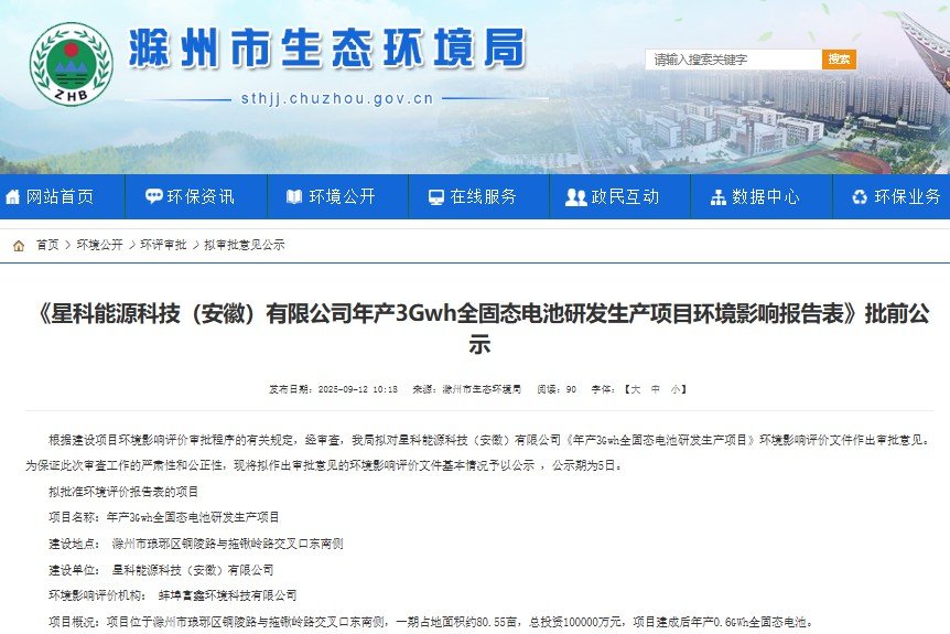 一期投資10億元!安徽滁州年產3GWh全固態電池項目迎新進展