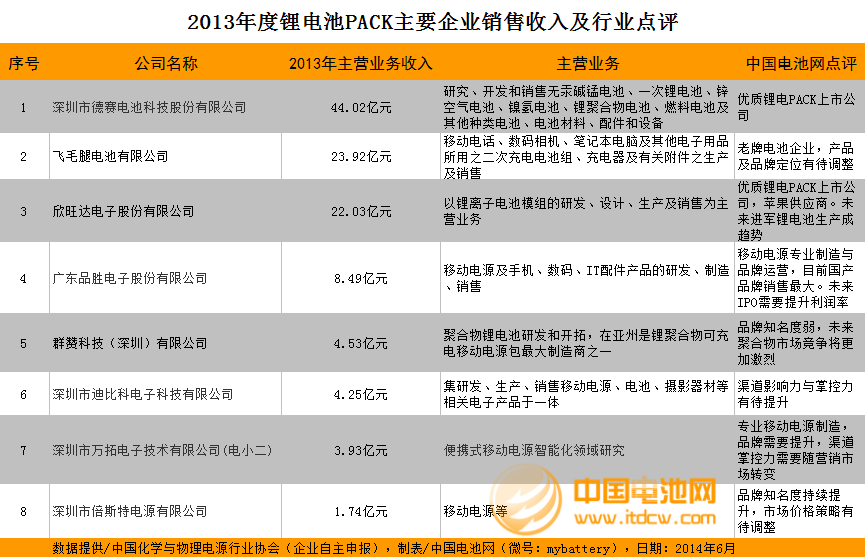 2013年度鋰電池PACK主要企業銷售收入及點評