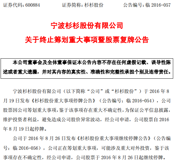 杉杉股份終止籌劃重大事項 公司股票今日復牌