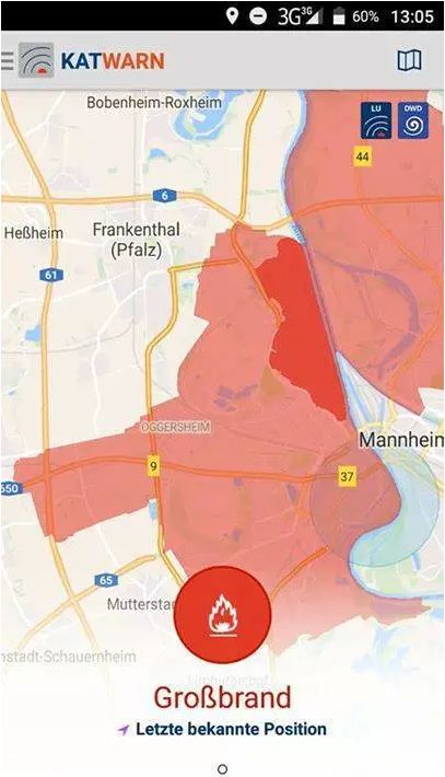 ▲手機警報系統(tǒng)Katwarn發(fā)出的警報 ▲手機警報系統(tǒng)Katwarn發(fā)出的警報