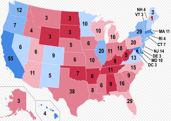 美國汽車制造業(yè)分布(籃色愈深表示汽車業(yè)勞動力占比愈高)與特朗普選民分布(紅色越深,支持比例越高)比較圖 美國汽車制造業(yè)分布(籃色愈深表示汽車業(yè)勞動力占比愈高)與特朗普選民分布(紅色越深,支持比例越高)比較圖