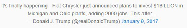 特朗普為克萊斯勒投資10億美元消息發(fā)推特 特朗普為克萊斯勒投資10億美元消息發(fā)推特