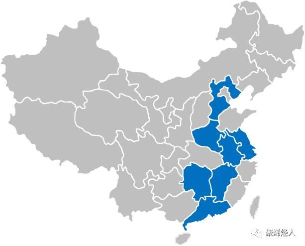 藍色圖示區為鋰電池隔膜材料規模較大省份 藍色圖示區為鋰電池隔膜材料規模較大省份