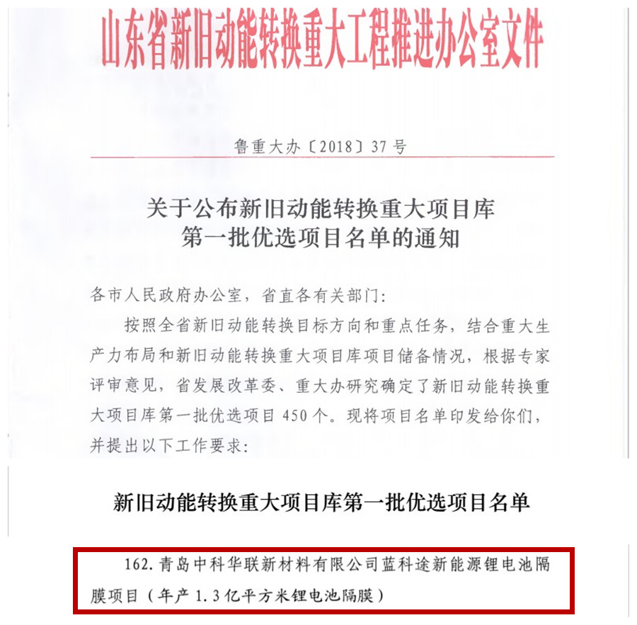 藍科途新能源鋰電池隔膜項目納入山東省新舊動能轉換重大項目庫