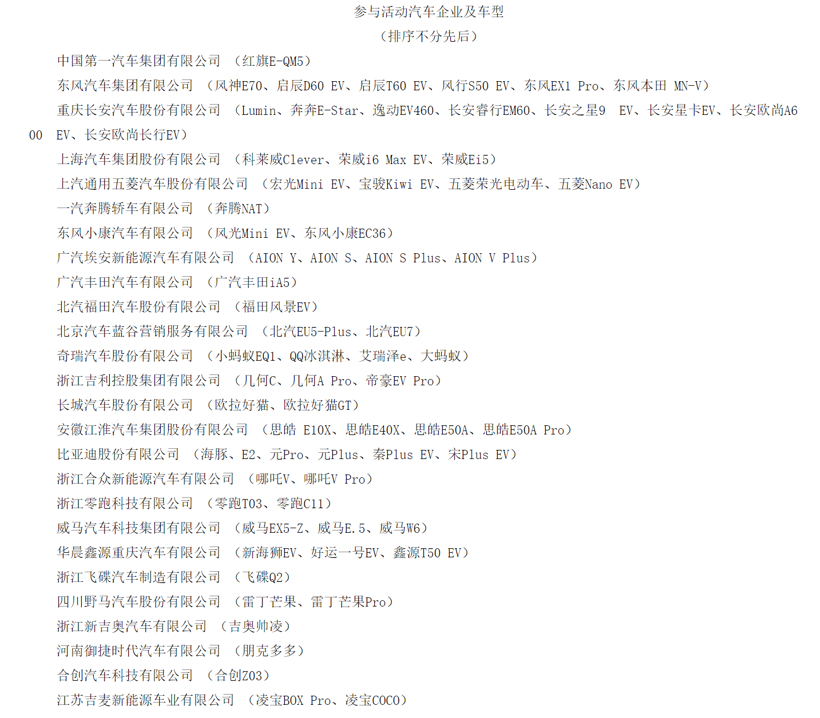 參與新能源汽車下鄉(xiāng)活動(dòng)車企及車型，圖片來(lái)源：工信部官網(wǎng)