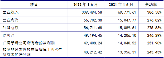 萬潤新能2022年上半年主要財(cái)務(wù)數(shù)據(jù)（單位：萬元）