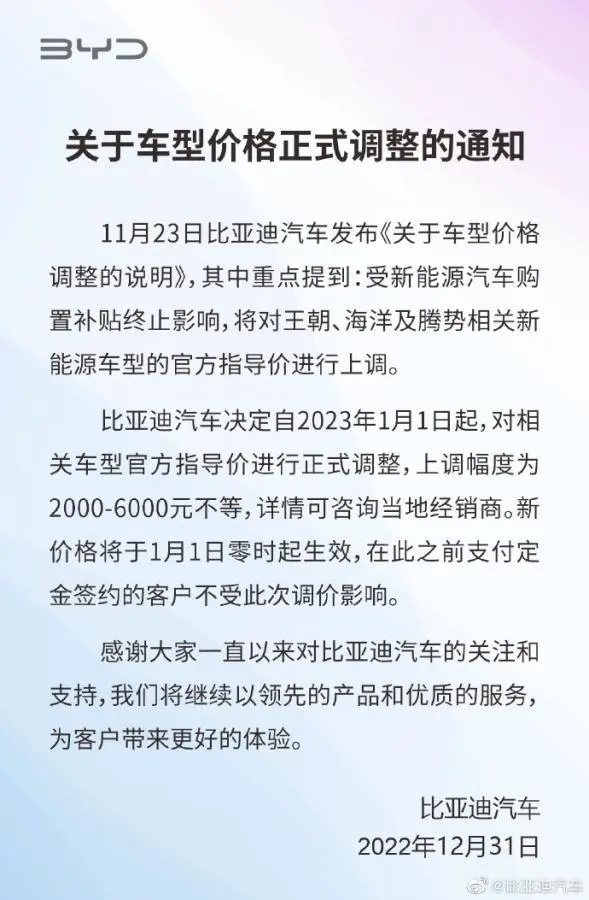 比亞迪上調相關新能源車型官方指導價 調幅為2000-6000元