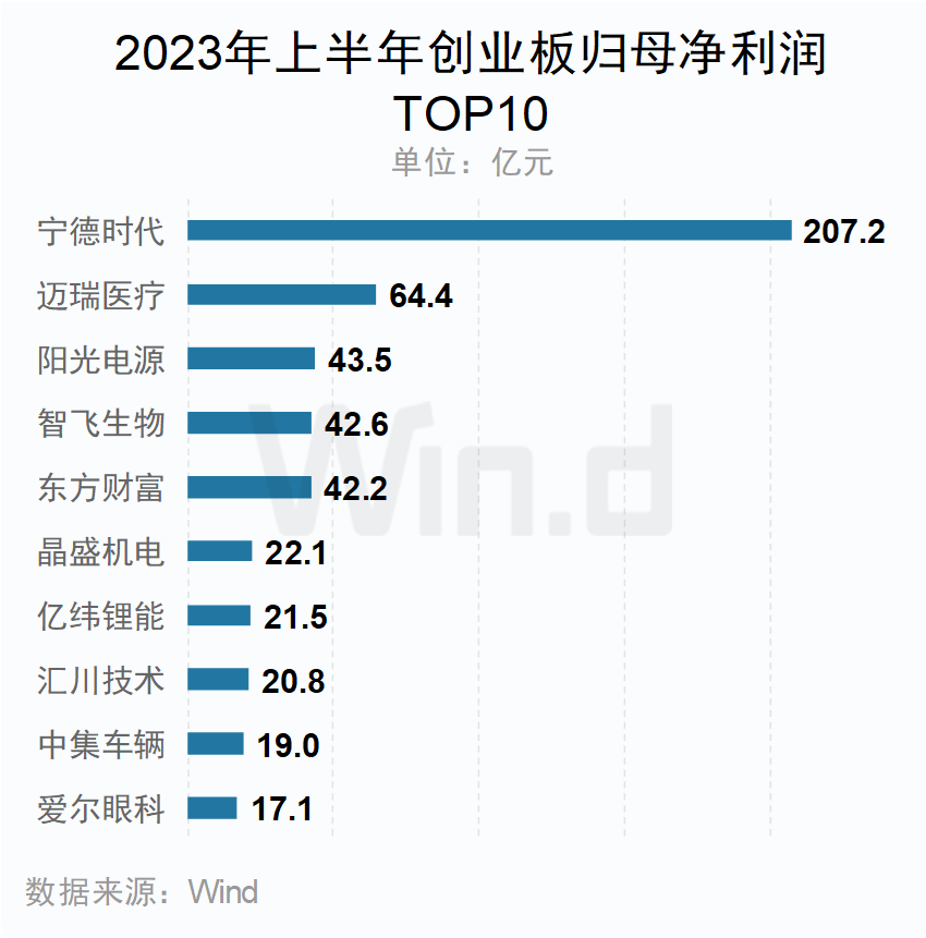 2023年上半年創業板歸母凈利潤TOP10企業 2023年上半年創業板歸母凈利潤TOP10企業