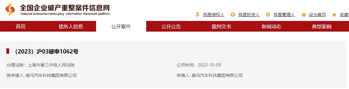 威馬汽車科技集團有限公司破產重整