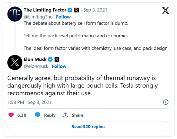 馬斯克在推特“商戰(zhàn)”以熱失控問題為由堅(jiān)決抨擊應(yīng)用大軟包單體電芯 馬斯克在推特“商戰(zhàn)”以熱失控問題為由堅(jiān)決抨擊應(yīng)用大軟包單體電芯