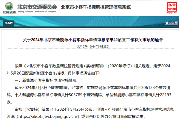 北京新能源小客車指標分配：5.84萬個家庭指標今日揭曉