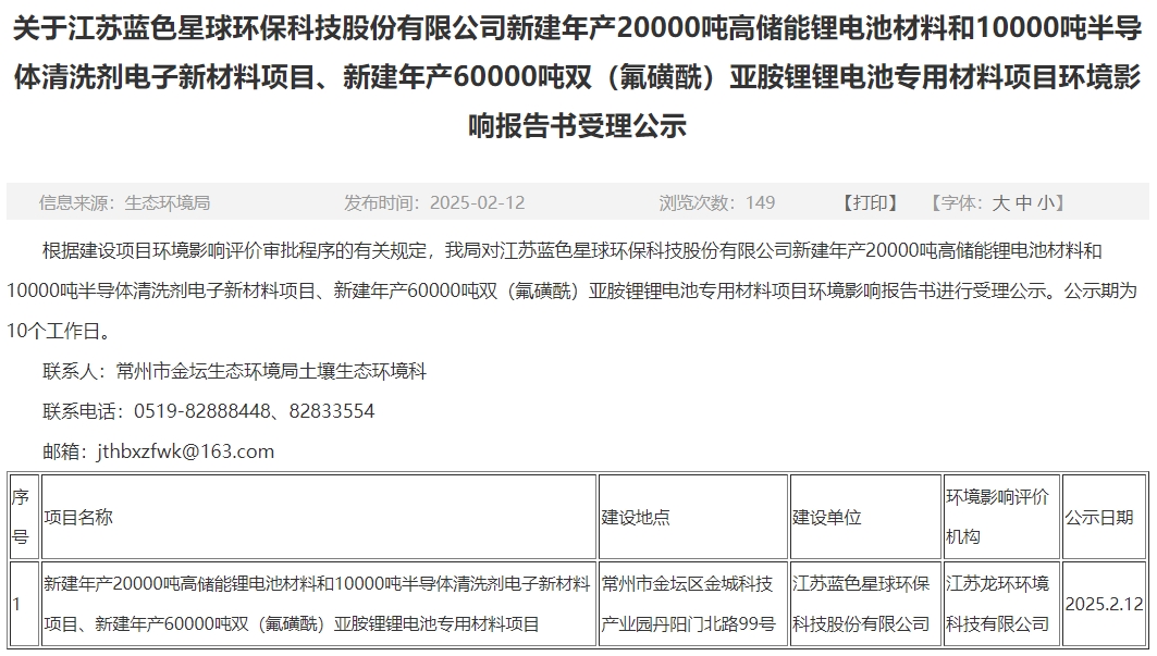 投資10.9億元！藍(lán)色星球環(huán)保江蘇常州電池材料項(xiàng)目環(huán)評(píng)公示